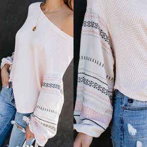 Embroidered Contrast Thermal Top - Peach